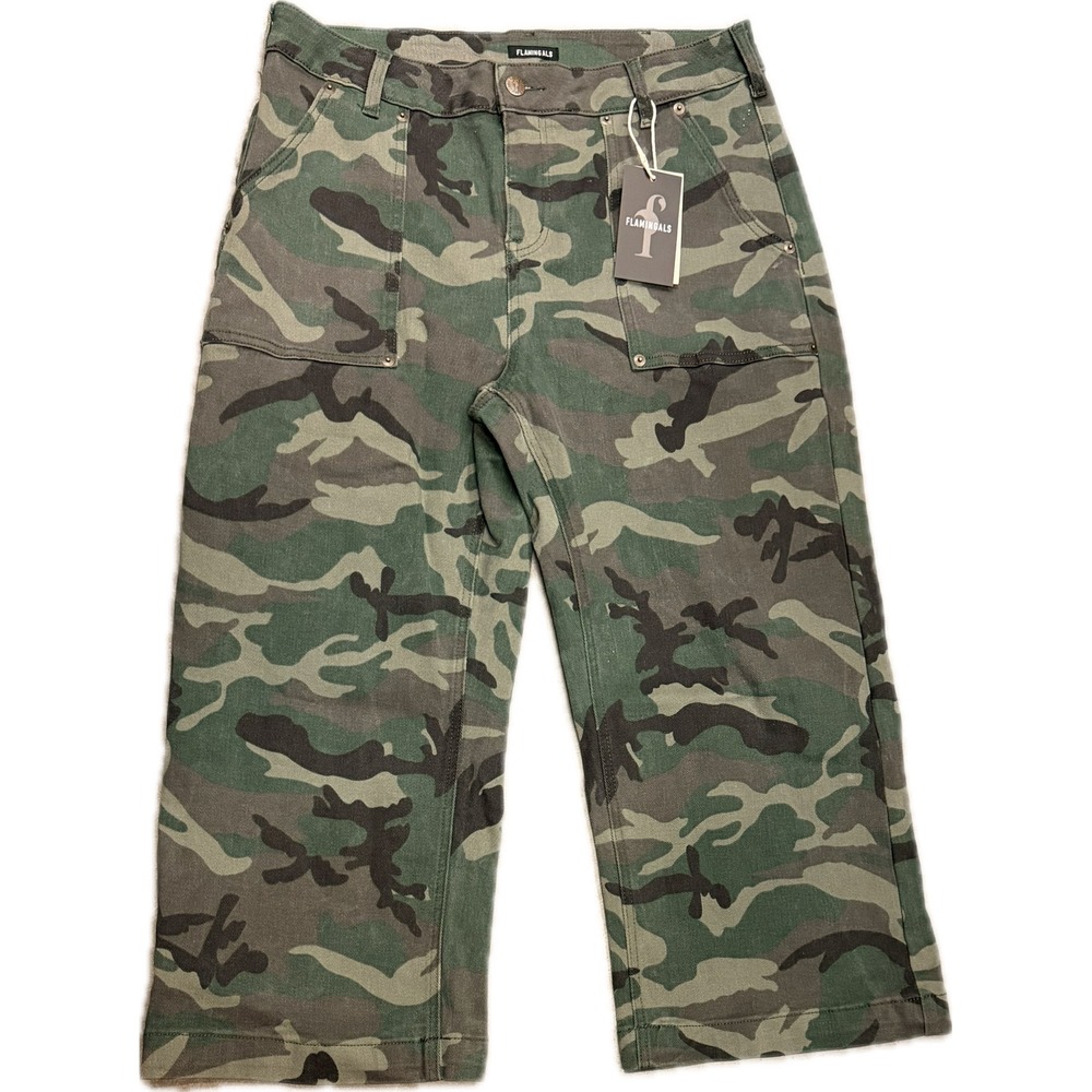 Flamingals Womens Camo Print Cropped Wide Leg Utility Pants Green Size L NWT